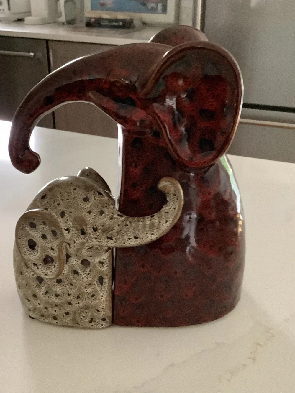Pier 1 VINTAGE Elephant Bookends or Sculptures Mottled Ceramic Mother and Baby
